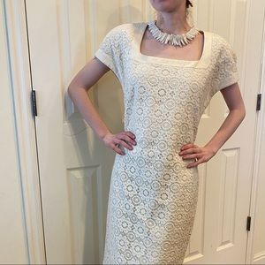 Vintage sheath dress, crocheted lace, Square neckline, fully lined, Korea, 14